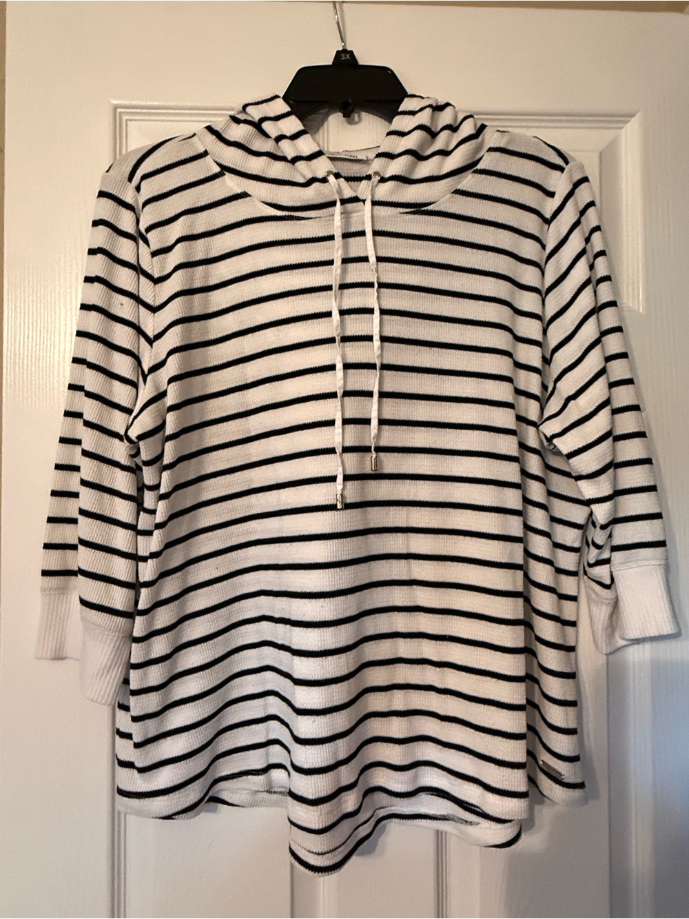 Calvin Klein White and Black Striped Hooded Pullover